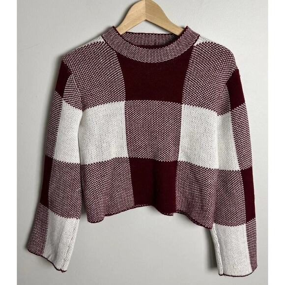 SHEIN Sweaters - Shein Burgundy White Checkered Knit Sweater Size Medium Cropped Long Sleeve Wm’s